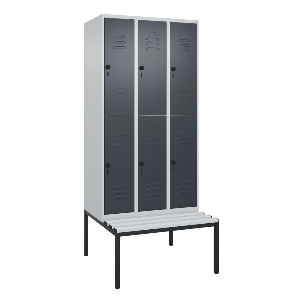Produktabbildung Nr. 9: C+P Doppelstock-Spind Classic PLUS, 3 Abteile, HxBxT 2.120 x 900 x 815 mm, für Vorhängeschloss, untergebaute Bank aus Kunststoff, lichtgrau, anthrazitgrau