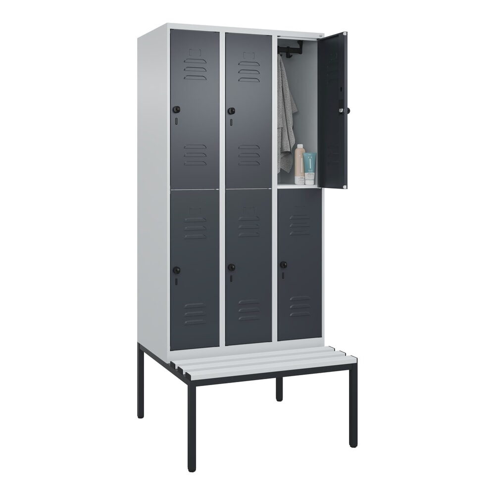 Produktabbildung Nr. 10: C+P Doppelstock-Spind Classic PLUS, 3 Abteile, HxBxT 2.120 x 900 x 815 mm, für Vorhängeschloss, untergebaute Bank aus Kunststoff, lichtgrau, anthrazitgrau