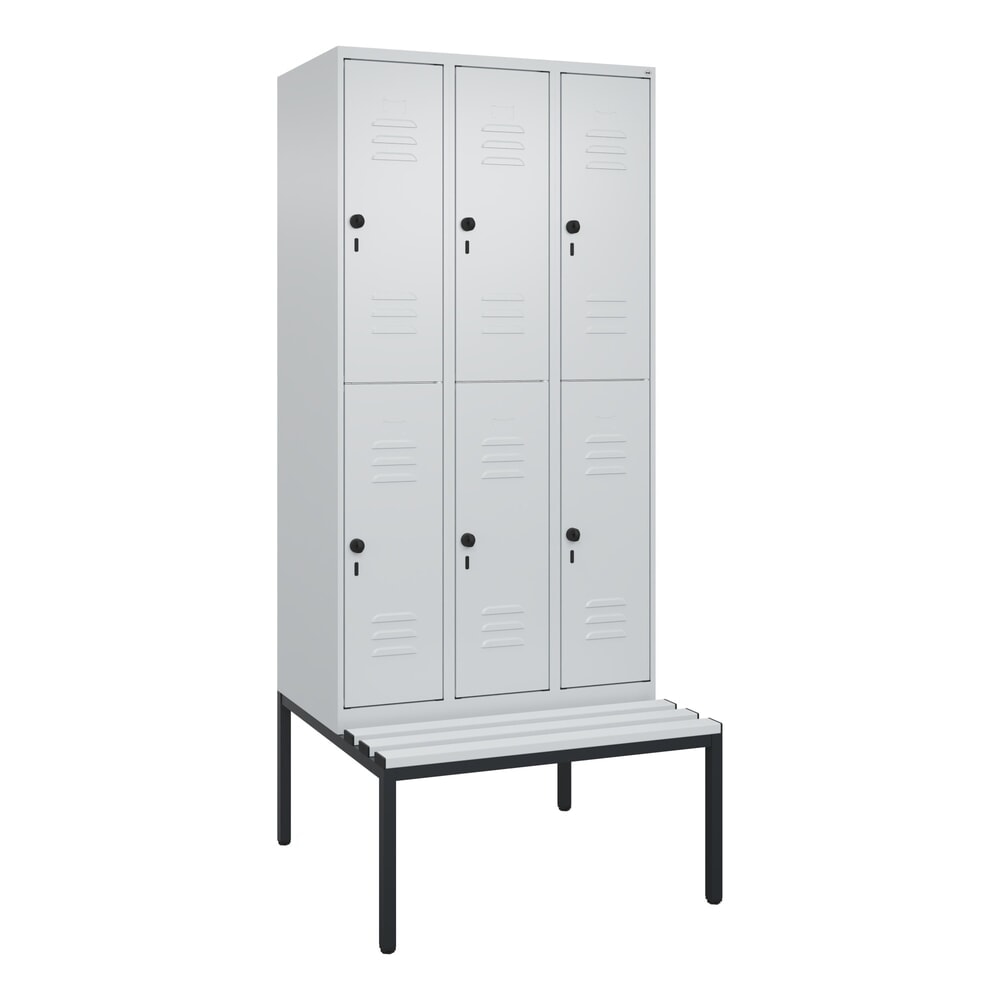 Produktabbildung Nr. 9: C+P Doppelstock-Spind Classic PLUS, 3 Abteile, HxBxT 2.120 x 900 x 815 mm, für Vorhängeschloss, untergebaute Bank aus Kunststoff, lichtgrau, lichtgrau