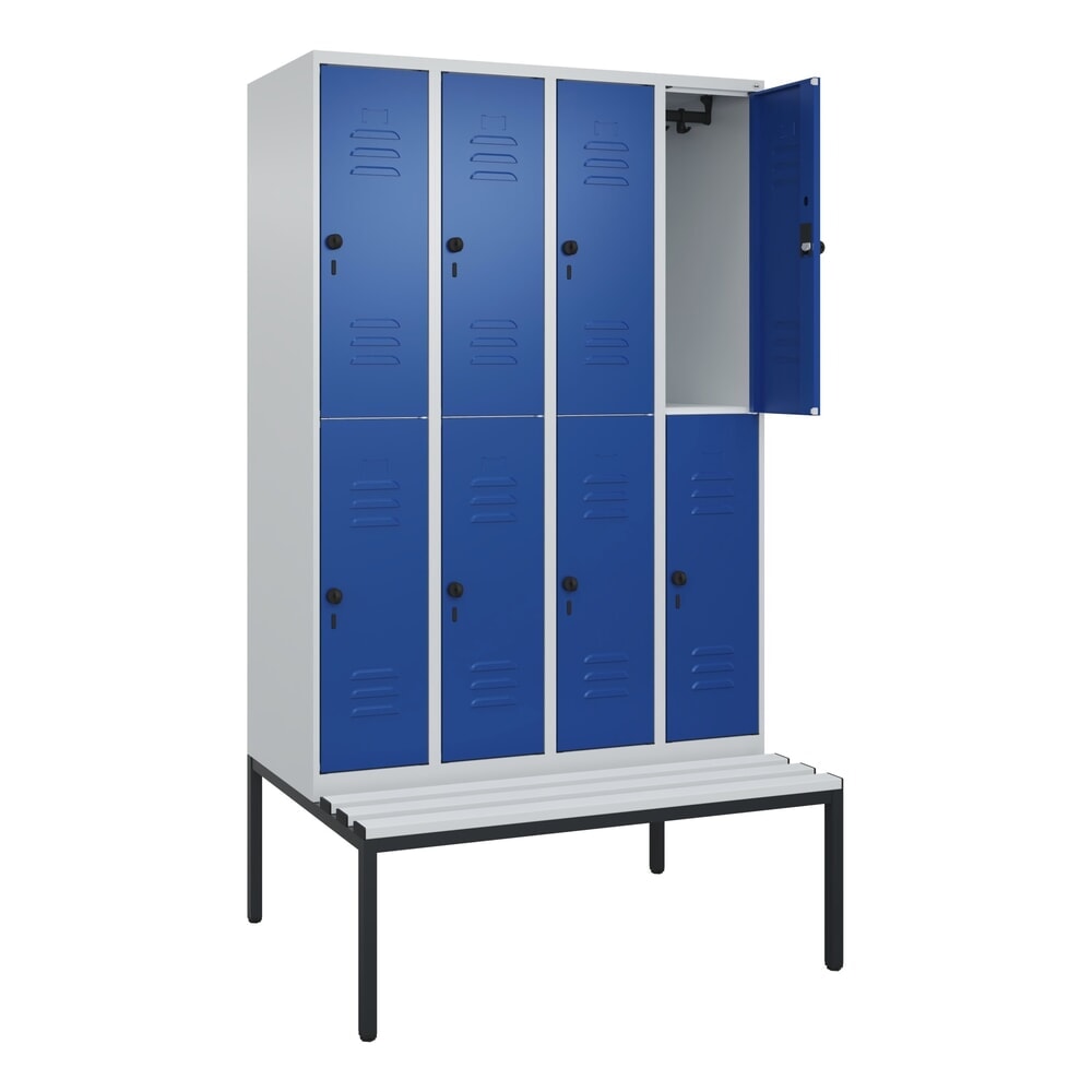 Produktabbildung: C+P Doppelstock-Spind Classic PLUS, 4 Abteile, HxBxT 2.120 x 1.200 x 815 mm, für Vorhängeschloss, untergebaute Bank aus Kunststoff, lichtgrau, enzianblau