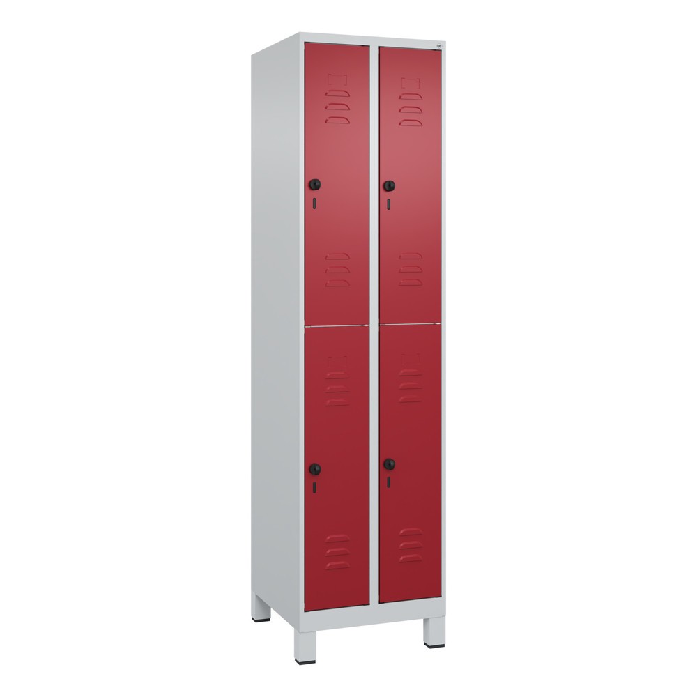 Produktabbildung: C+P Doppelstock-Spind Classic PLUS, Füße, 2 Abteile, HxBxT 1.950 x 500 x 500 mm, lichtgrau, rubinrot, 4 Fächer, für Vorhängeschloss