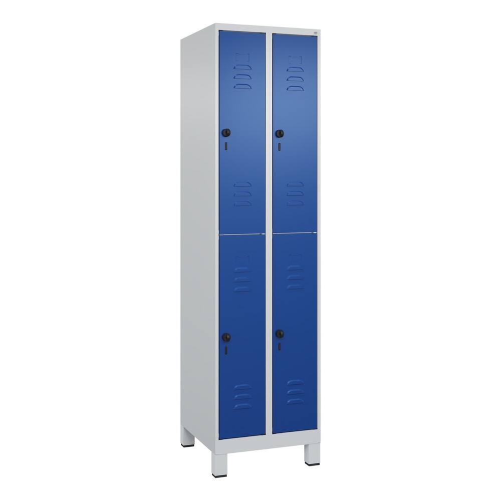 Produktabbildung: C+P Doppelstock-Spind Classic PLUS, Füße, 2 Abteile, HxBxT 1.950 x 500 x 500 mm, lichtgrau, enzianblau, 4 Fächer, für Vorhängeschloss