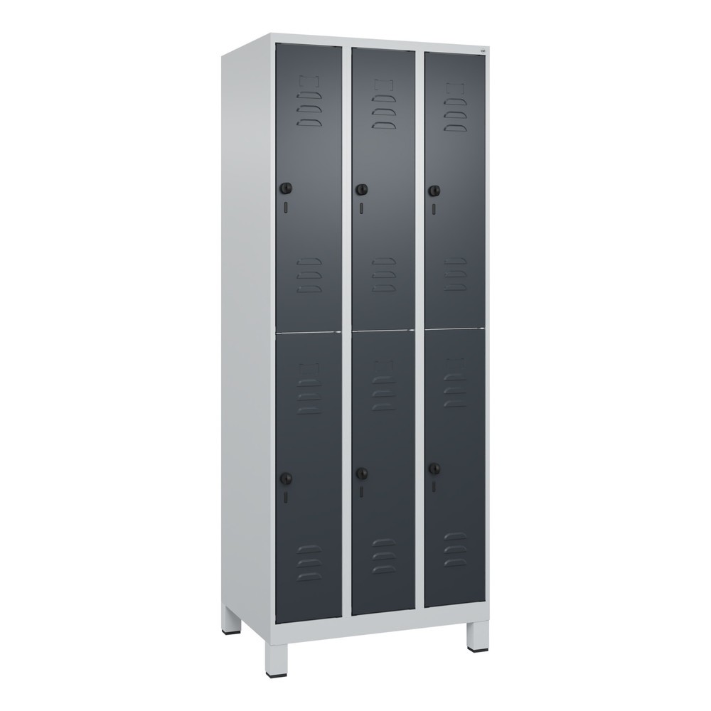 Produktabbildung: C+P Doppelstock-Spind Classic PLUS, Füße, 3 Abteile, HxBxT 1.950 x 750 x 500 mm, lichtgrau, anthrazitgrau, 6 Fächer, für Vorhängeschloss