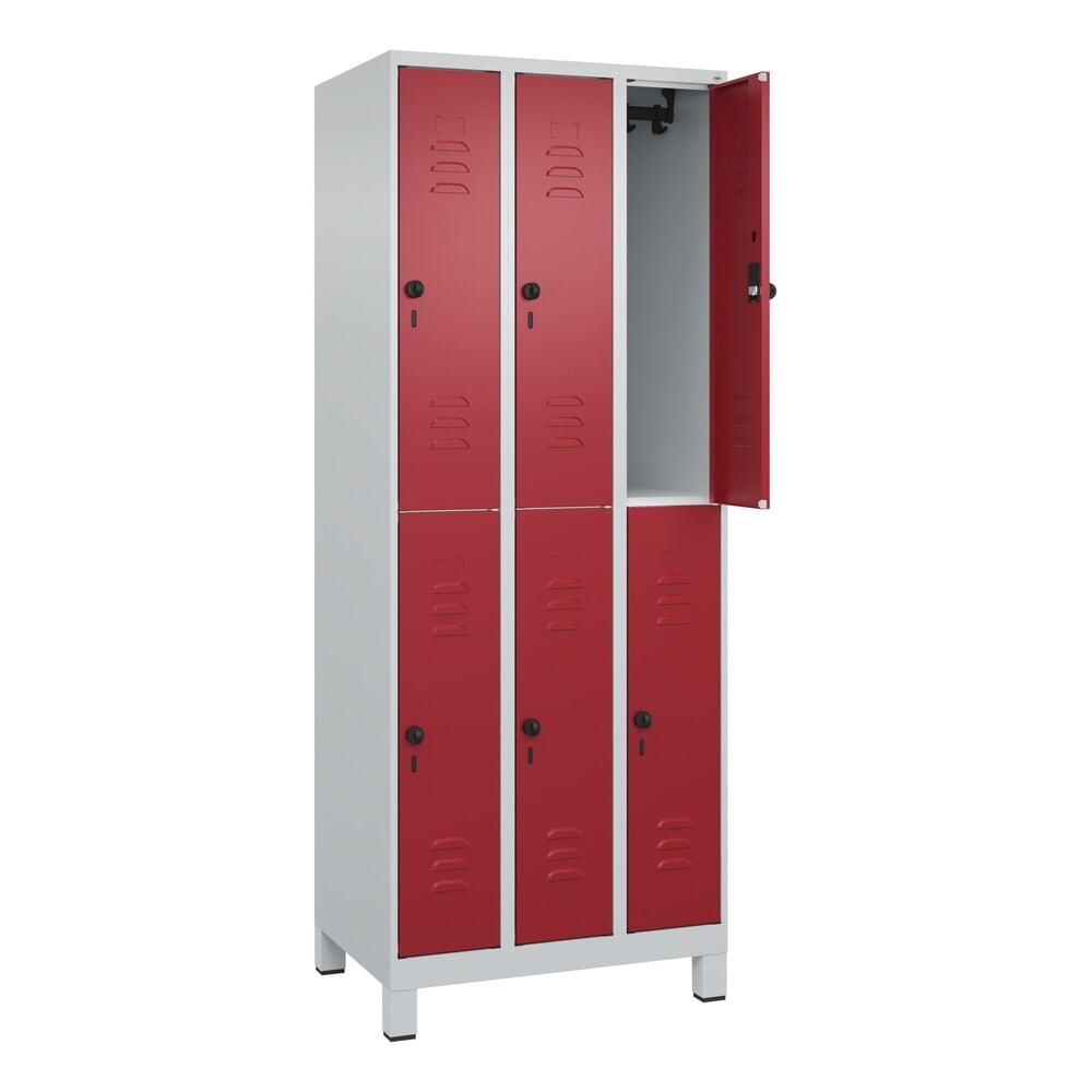 Produktabbildung: C+P Doppelstock-Spind Classic PLUS, Füße, 3 Abteile, HxBxT 1.950 x 750 x 500 mm, lichtgrau, rubinrot, 6 Fächer, für Vorhängeschloss
