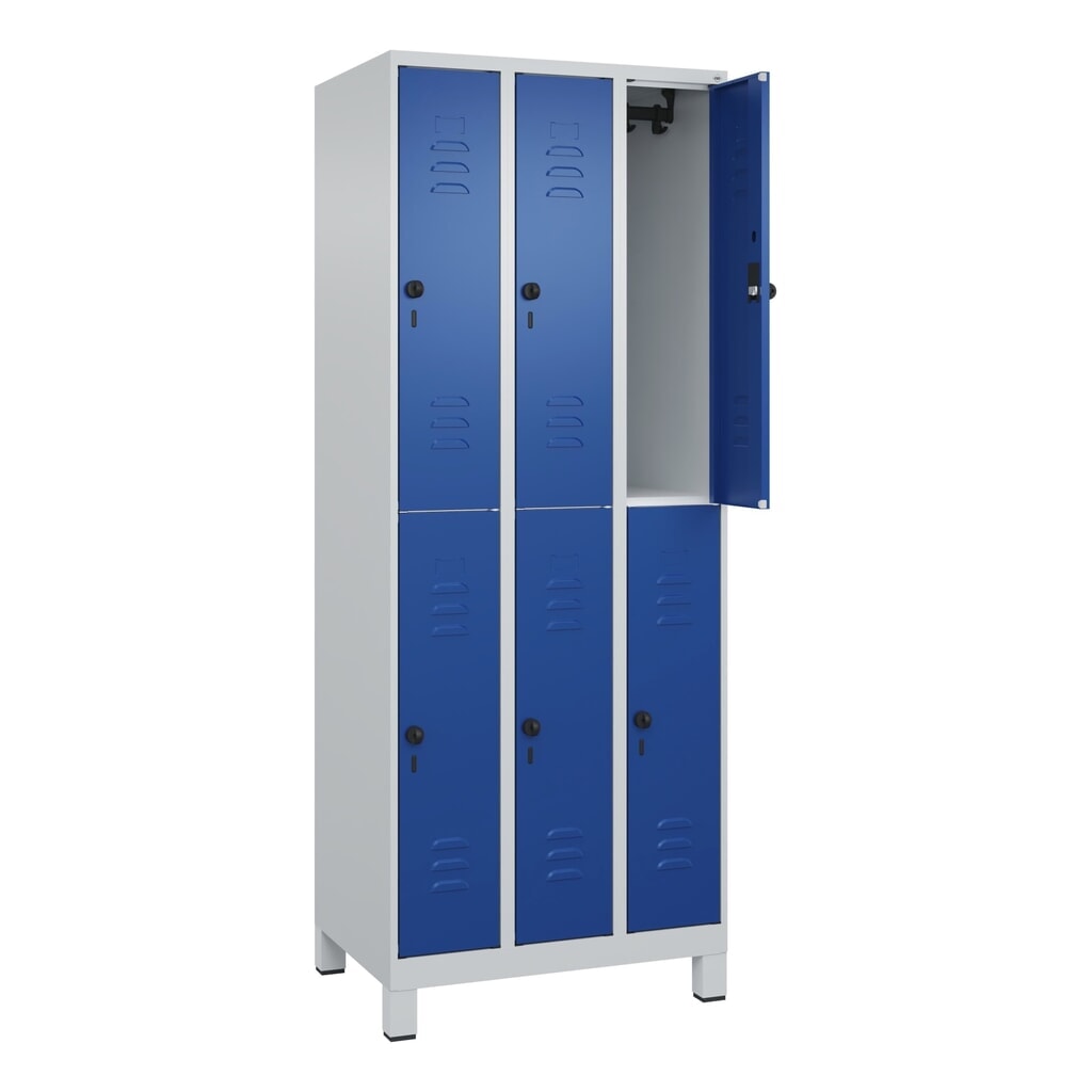 C+P Doppelstock-Spind Classic PLUS, Füße, 3 Abteile, HxBxT 1.950 x 750 x 500 mm, lichtgrau, enzianblau, 6 Fächer, für Vorhängeschloss Produktabbildung: C+P Doppelstock-Spind Classic PLUS, Füße, 3 Abteile, HxBxT 1.950 x 750 x 500 mm, lichtgrau, enzianblau, 6 Fächer, für Vorhängeschloss