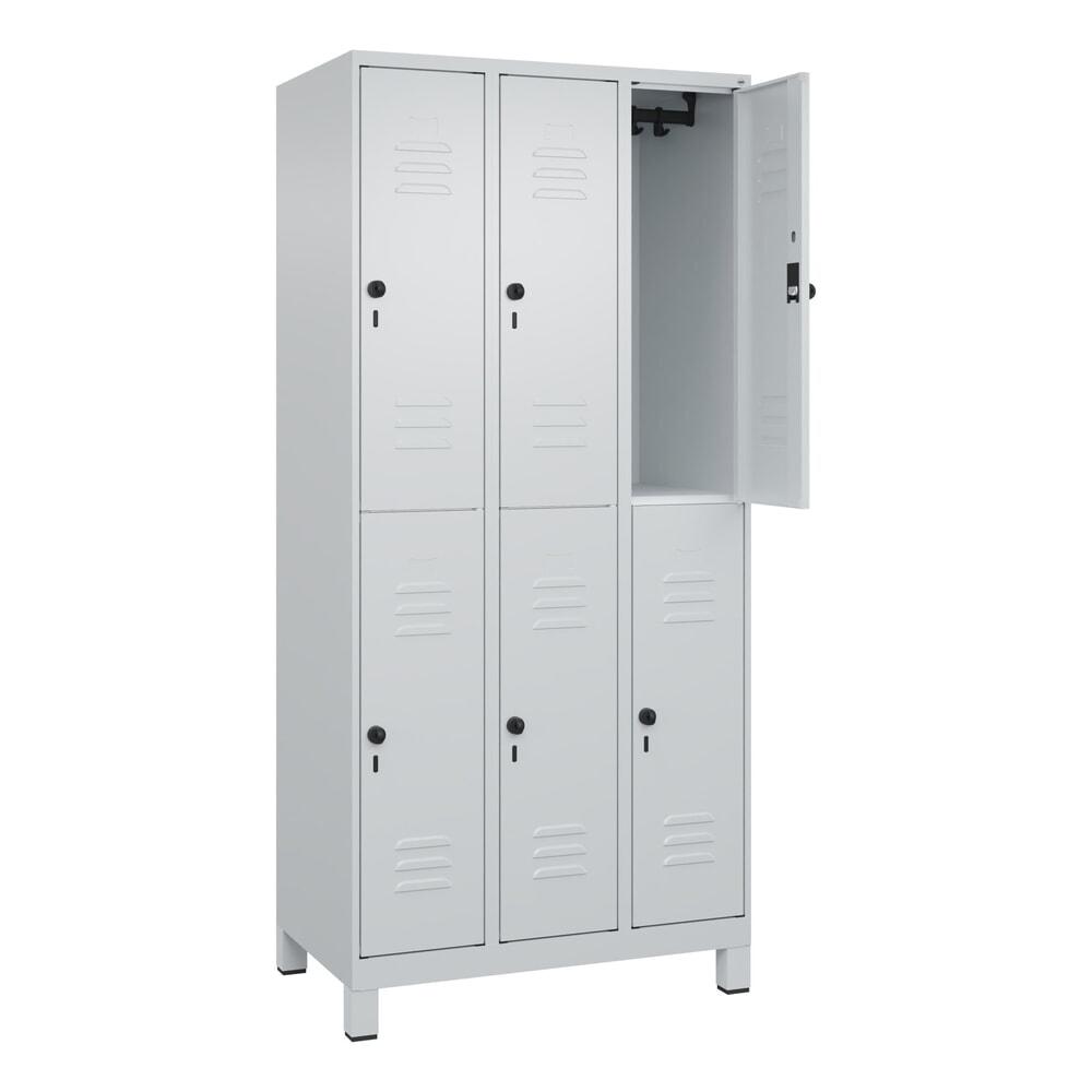 Produktabbildung: C+P Doppelstock-Spind Classic PLUS, Füße, 3 Abteile, HxBxT 1.950 x 900 x 500 mm, lichtgrau, lichtgrau, 6 Fächer, für Vorhängeschloss