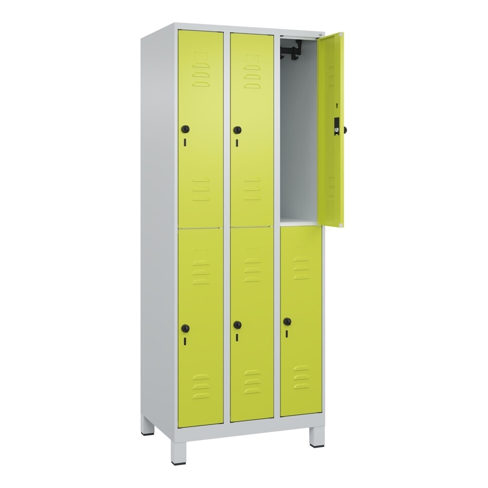 Produktabbildung: C+P Doppelstock-Spind Classic PLUS, Füße, 3 Abteile, HxBxT 1.950 x 750 x 500 mm, lichtgrau, clowngrün, 6 Fächer, für Vorhängeschloss