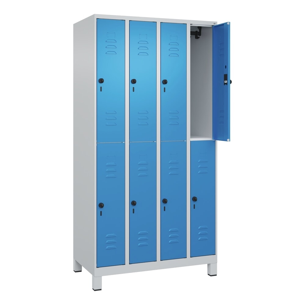 C+P Doppelstock-Spind Classic PLUS, Füße, 4 Abteile, HxBxT 1.950 x 1.000 x 500 mm, lichtgrau, lichtblau, 8 Fächer, für Vorhängeschloss Produktabbildung Nr. 1: C+P Doppelstock-Spind Classic PLUS, Füße, 4 Abteile, HxBxT 1.950 x 1.000 x 500 mm, lichtgrau, lichtblau, 8 Fächer, für Vorhängeschloss