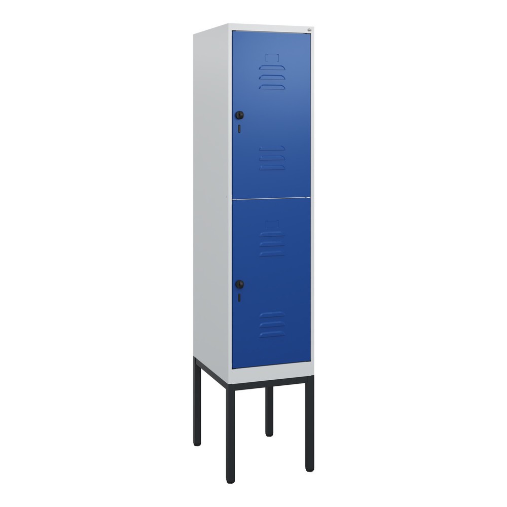 Produktabbildung: C+P Doppelstock-Spind Classic PLUS, Gestell, 1 Abteil, HxBxT 1.950 x 400 x 500 mm, lichtgrau, enzianblau, für Vorhängeschloss, 2 Fächer