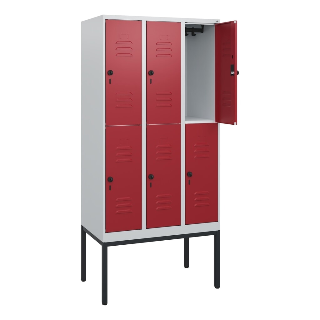 C+P Doppelstock-Spind Classic PLUS, Gestell, 3 Abteile, HxBxT 1.950 x 900 x 500 mm, lichtgrau, rubinrot, für Vorhängeschloss, 6 Fächer Produktabbildung: C+P Doppelstock-Spind Classic PLUS, Gestell, 3 Abteile, HxBxT 1.950 x 900 x 500 mm, lichtgrau, rubinrot, für Vorhängeschloss, 6 Fächer
