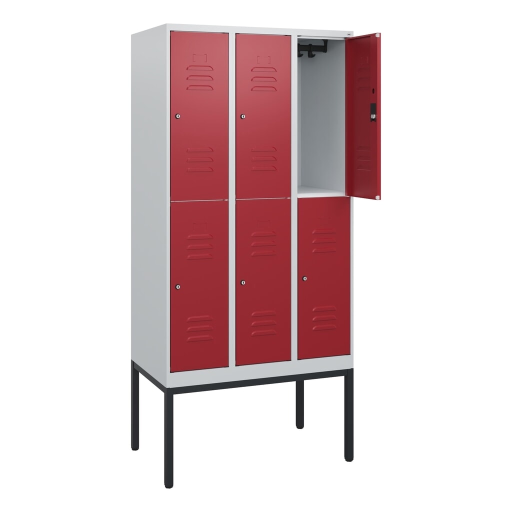 Produktabbildung: C+P Doppelstock-Spind Classic PLUS, Gestell, 3 Abteile, HxBxT 1.950 x 900 x 500 mm, lichtgrau, rubinrot, Zylinderschloss, 6 Fächer