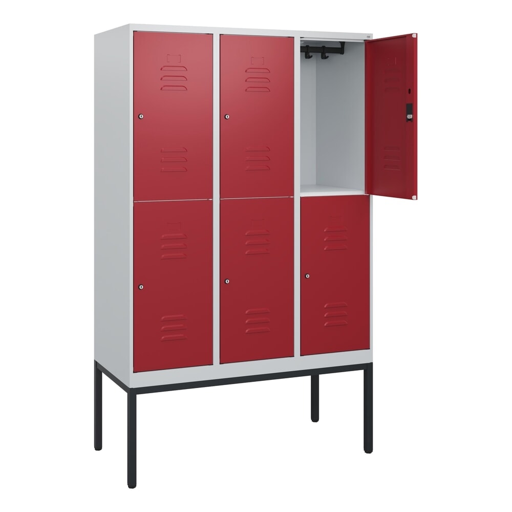 Produktabbildung: C+P Doppelstock-Spind Classic PLUS, Gestell, 3 Abteile, HxBxT 1.950 x 1.200 x 500 mm, lichtgrau, rubinrot, Zylinderschloss, 6 Fächer