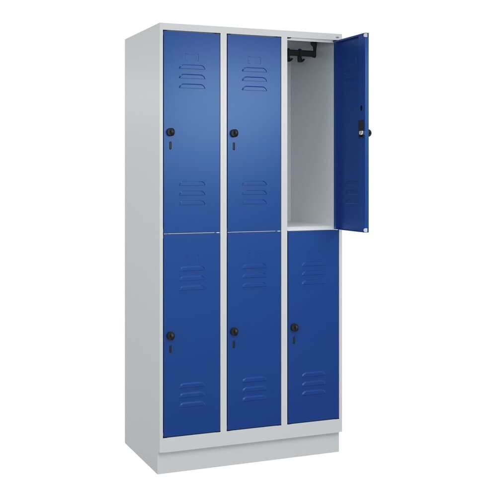 Produktabbildung: C+P Doppelstock-Spind Classic PLUS, Sockel, 3 Abteile, HxBxT 1.950 x 900 x 500 mm, lichtgrau, enzianblau, 6 Fächer, für Vorhängeschloss