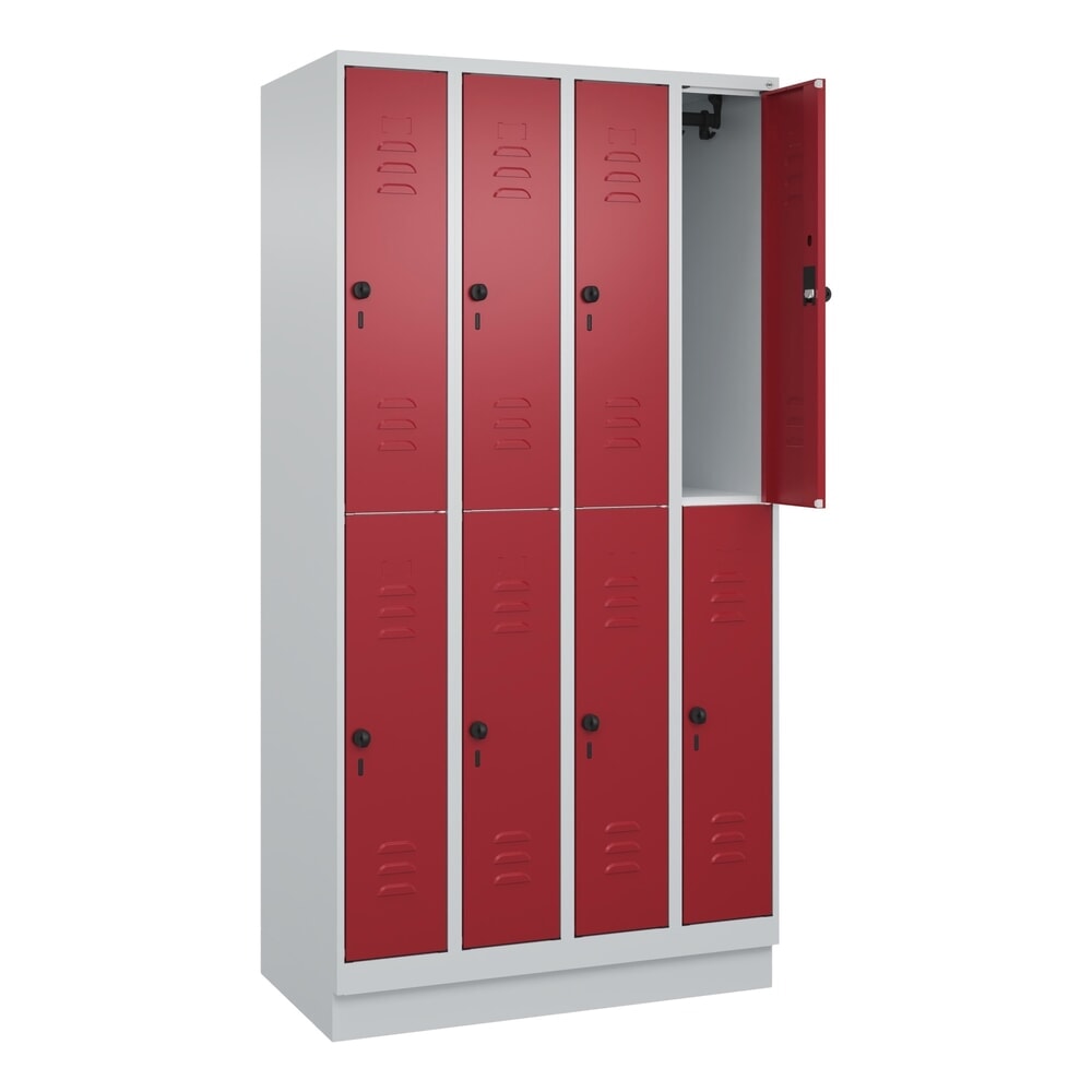 C+P Doppelstock-Spind Classic PLUS, Sockel, 4 Abteile, HxBxT 1.950 x 1.000 x 500 mm, lichtgrau, rubinrot, 8 Fächer, für Vorhängeschloss Produktabbildung: C+P Doppelstock-Spind Classic PLUS, Sockel, 4 Abteile, HxBxT 1.950 x 1.000 x 500 mm, lichtgrau, rubinrot, 8 Fächer, für Vorhängeschloss