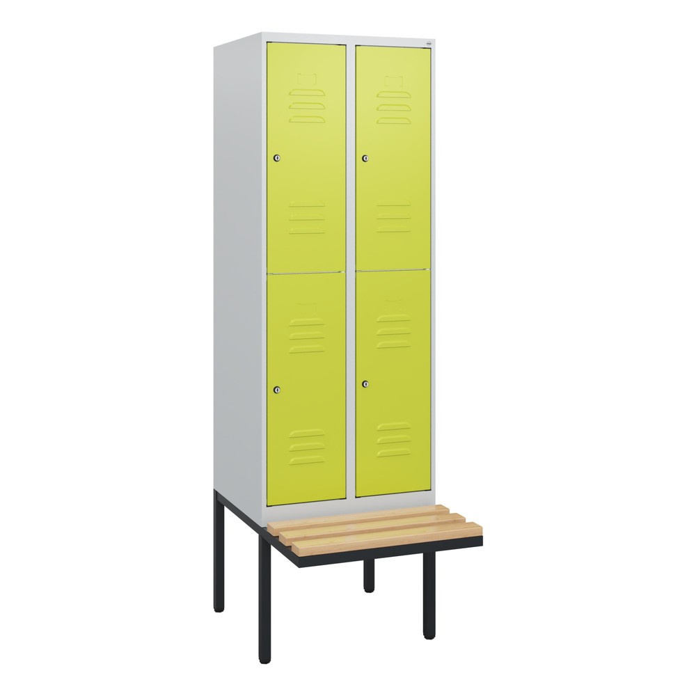 Produktabbildung: C+P Doppelstock-Spind Classic PLUS, 2 Abteile, HxBxT 1.950 x 600 x 815 mm, Zylinderschloss, auskragende Bank aus Buche, lichtgrau, clowngrün