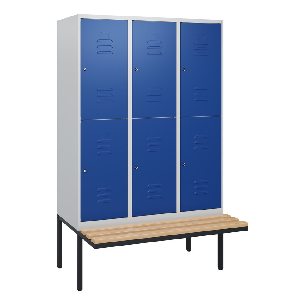 Produktabbildung: C+P Doppelstock-Spind Classic PLUS, 3 Abteile, HxBxT 1.950 x 1.200 x 815 mm, Zylinderschloss, auskragende Bank aus Buche, lichtgrau, enzianblau