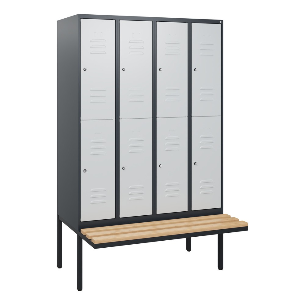 Produktabbildung: C+P Doppelstock-Spind Classic PLUS, 4 Abteile, HxBxT 1.950 x 1.200 x 815 mm, Zylinderschloss, auskragende Bank aus Buche, anthrazitgrau, lichtgrau