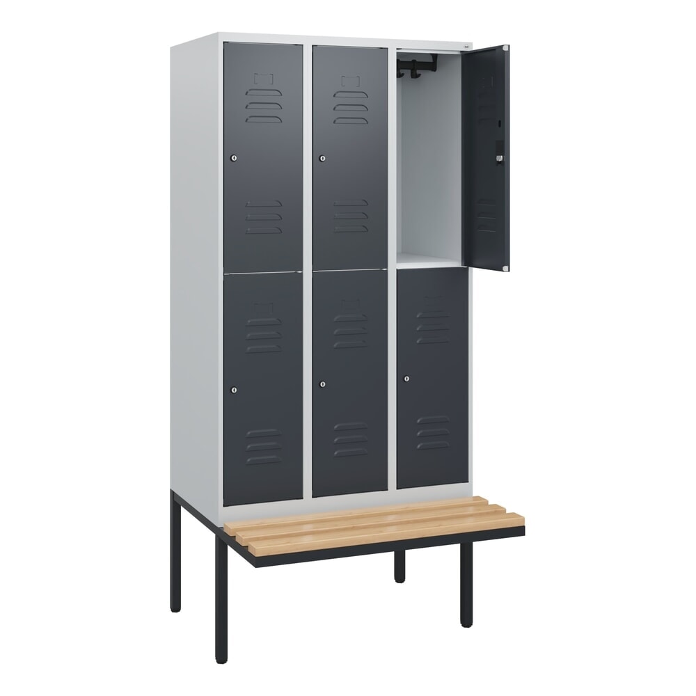 C+P Doppelstock-Spind Classic PLUS, 3 Abteile, HxBxT 1.950 x 900 x 815 mm, Zylinderschloss, auskragende Bank aus Buche, lichtgrau, anthrazitgrau Produktabbildung Nr. 1: C+P Doppelstock-Spind Classic PLUS, 3 Abteile, HxBxT 1.950 x 900 x 815 mm, Zylinderschloss, auskragende Bank aus Buche, lichtgrau, anthrazitgrau