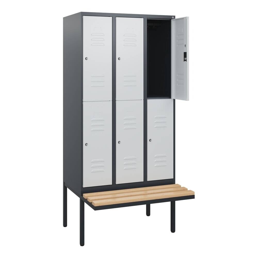 Produktabbildung Nr. 1: C+P Doppelstock-Spind Classic PLUS, 3 Abteile, HxBxT 1.950 x 900 x 815 mm, Zylinderschloss, auskragende Bank aus Buche, anthrazitgrau, lichtgrau