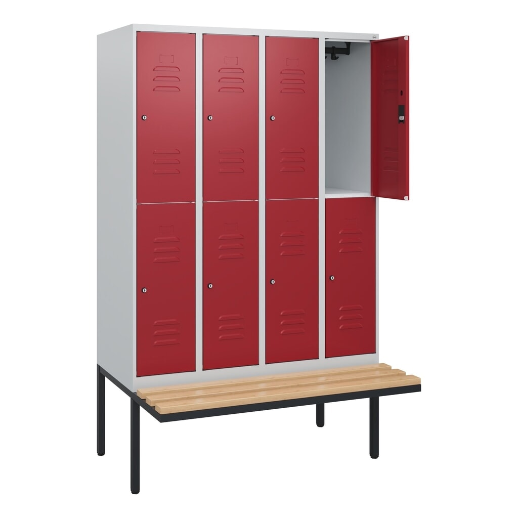 C+P Doppelstock-Spind Classic PLUS, 4 Abteile, HxBxT 1.950 x 1.200 x 815 mm, Zylinderschloss, auskragende Bank aus Buche, lichtgrau, rubinrot Produktabbildung: C+P Doppelstock-Spind Classic PLUS, 4 Abteile, HxBxT 1.950 x 1.200 x 815 mm, Zylinderschloss, auskragende Bank aus Buche, lichtgrau, rubinrot