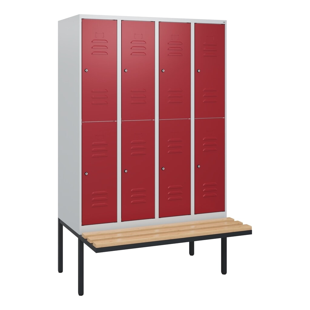 Produktabbildung Nr. 9: C+P Doppelstock-Spind Classic PLUS, 4 Abteile, HxBxT 1.950 x 1.200 x 815 mm, Zylinderschloss, auskragende Bank aus Buche, lichtgrau, rubinrot