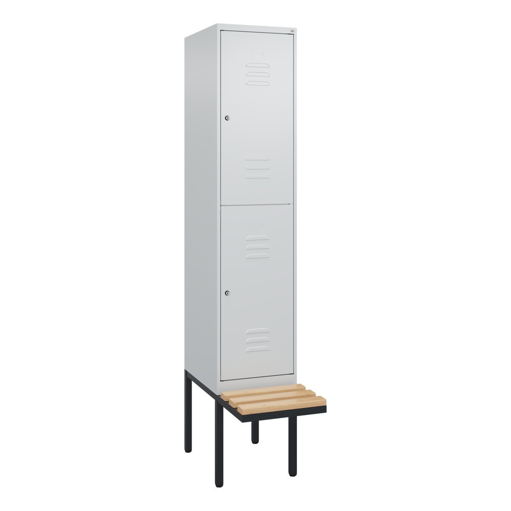 Produktabbildung: C+P Doppelstock-Spind Classic PLUS, 1 Abteil, HxBxT 2.120 x 400 x 815 mm, Zylinderschloss, auskragende Bank aus Buche, lichtgrau, lichtgrau
