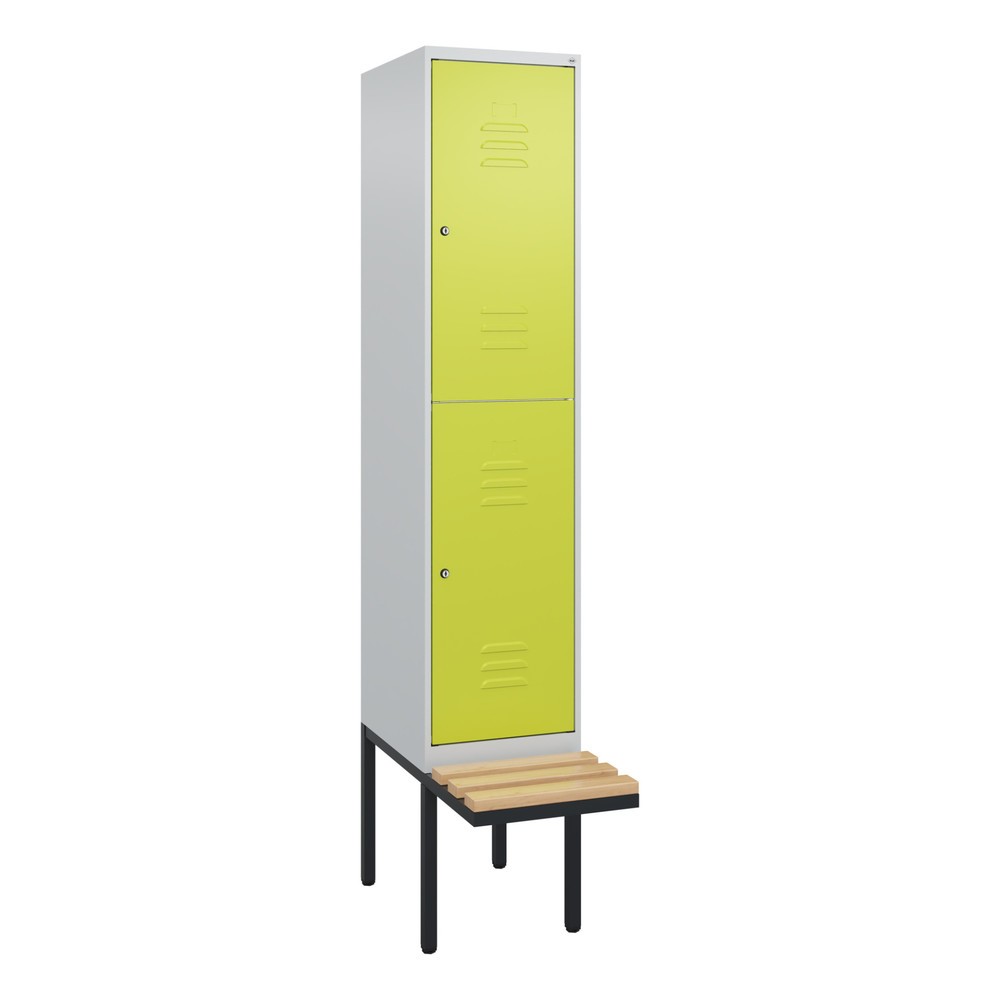 Produktabbildung: C+P Doppelstock-Spind Classic PLUS, 1 Abteil, HxBxT 2.120 x 400 x 815 mm, Zylinderschloss, auskragende Bank aus Buche, lichtgrau, clowngrün