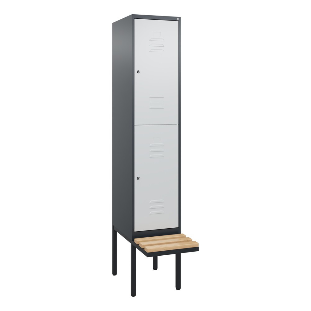 Produktabbildung: C+P Doppelstock-Spind Classic PLUS, 1 Abteil, HxBxT 2.120 x 400 x 815 mm, Zylinderschloss, auskragende Bank aus Buche, anthrazitgrau, lichtgrau