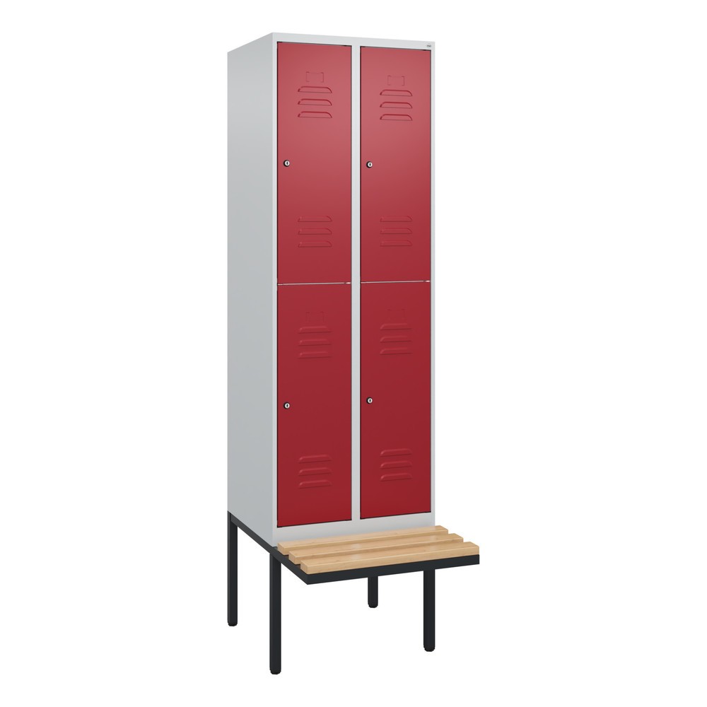 Produktabbildung: C+P Doppelstock-Spind Classic PLUS, 2 Abteile, HxBxT 2.120 x 600 x 815 mm, Zylinderschloss, auskragende Bank aus Buche, lichtgrau, rubinrot