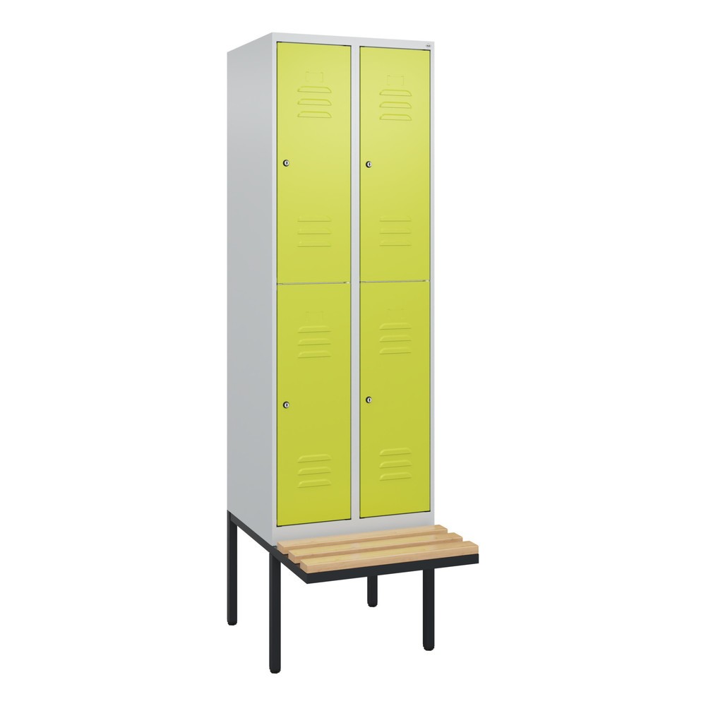Produktabbildung: C+P Doppelstock-Spind Classic PLUS, 2 Abteile, HxBxT 2.120 x 600 x 815 mm, Zylinderschloss, auskragende Bank aus Buche, lichtgrau, clowngrün