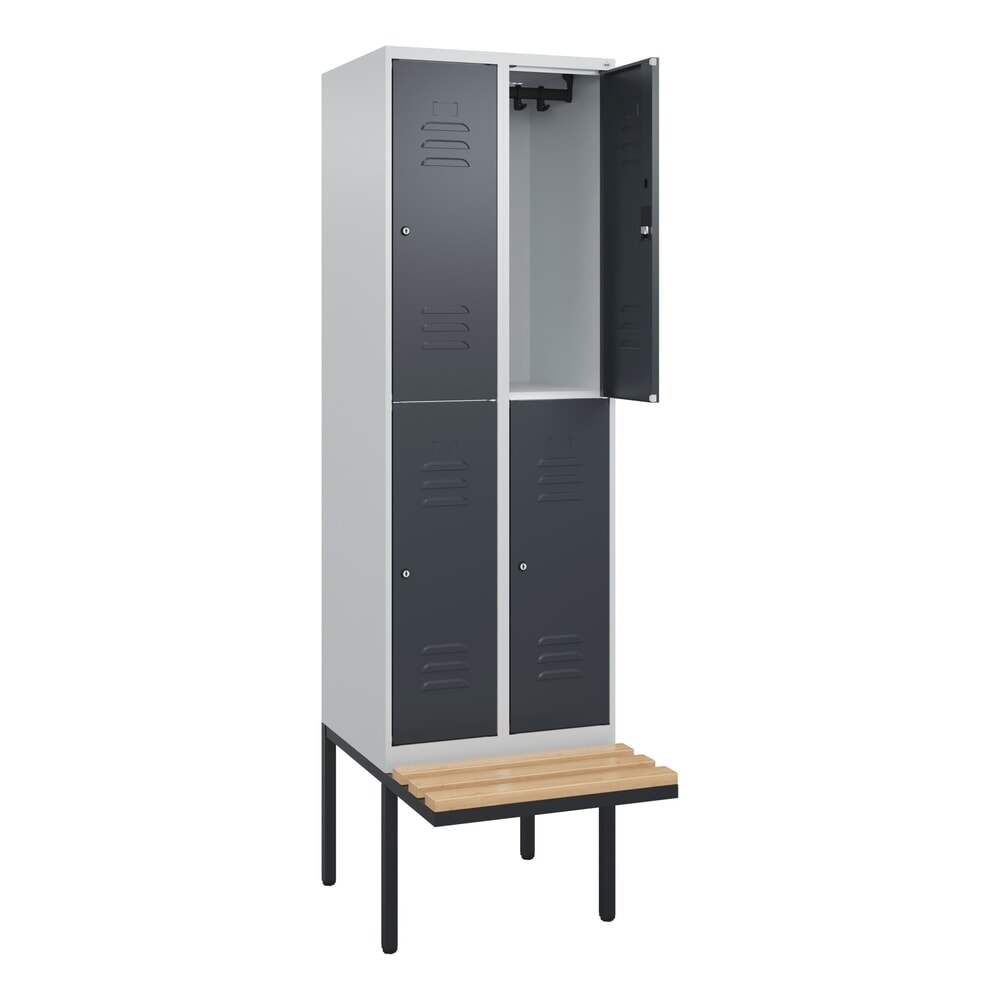 Produktabbildung: C+P Doppelstock-Spind Classic PLUS, 2 Abteile, HxBxT 2.120 x 600 x 815 mm, Zylinderschloss, auskragende Bank aus Buche, lichtgrau, anthrazitgrau
