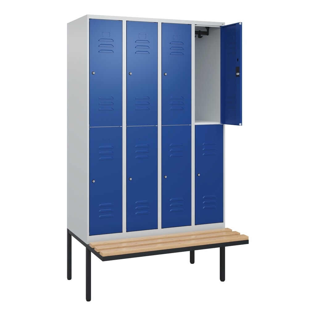Produktabbildung: C+P Doppelstock-Spind Classic PLUS, 4 Abteile, HxBxT 2.120 x 1.200 x 815 mm, Zylinderschloss, auskragende Bank aus Buche, lichtgrau, enzianblau