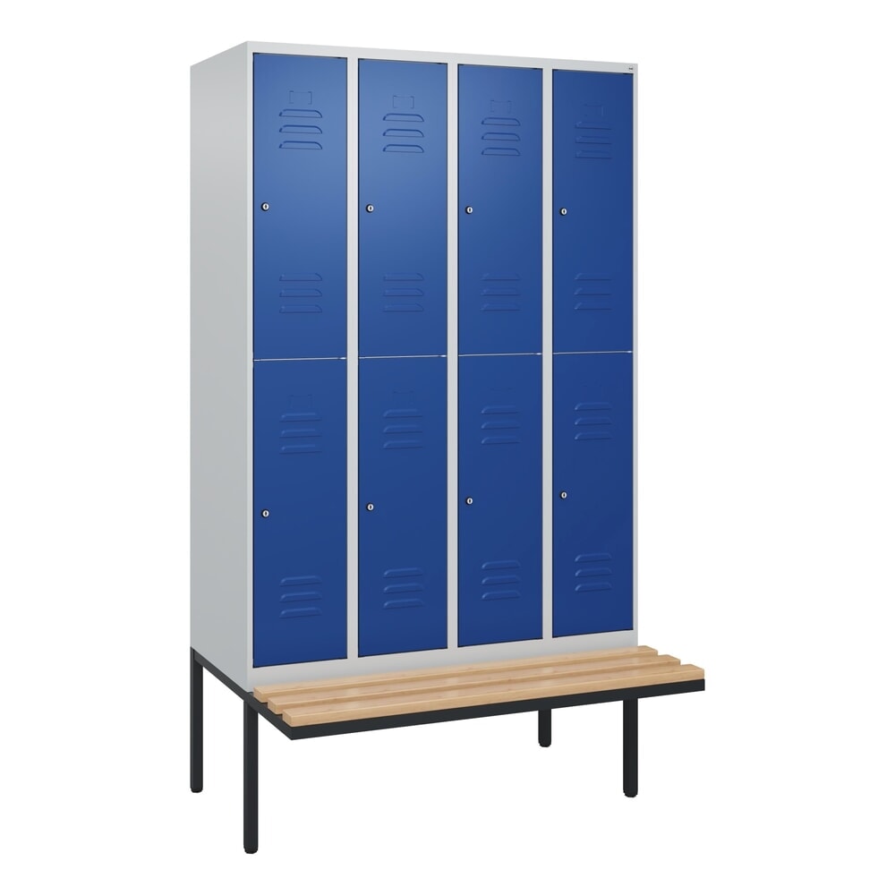Produktabbildung Nr. 9: C+P Doppelstock-Spind Classic PLUS, 4 Abteile, HxBxT 2.120 x 1.200 x 815 mm, Zylinderschloss, auskragende Bank aus Buche, lichtgrau, enzianblau