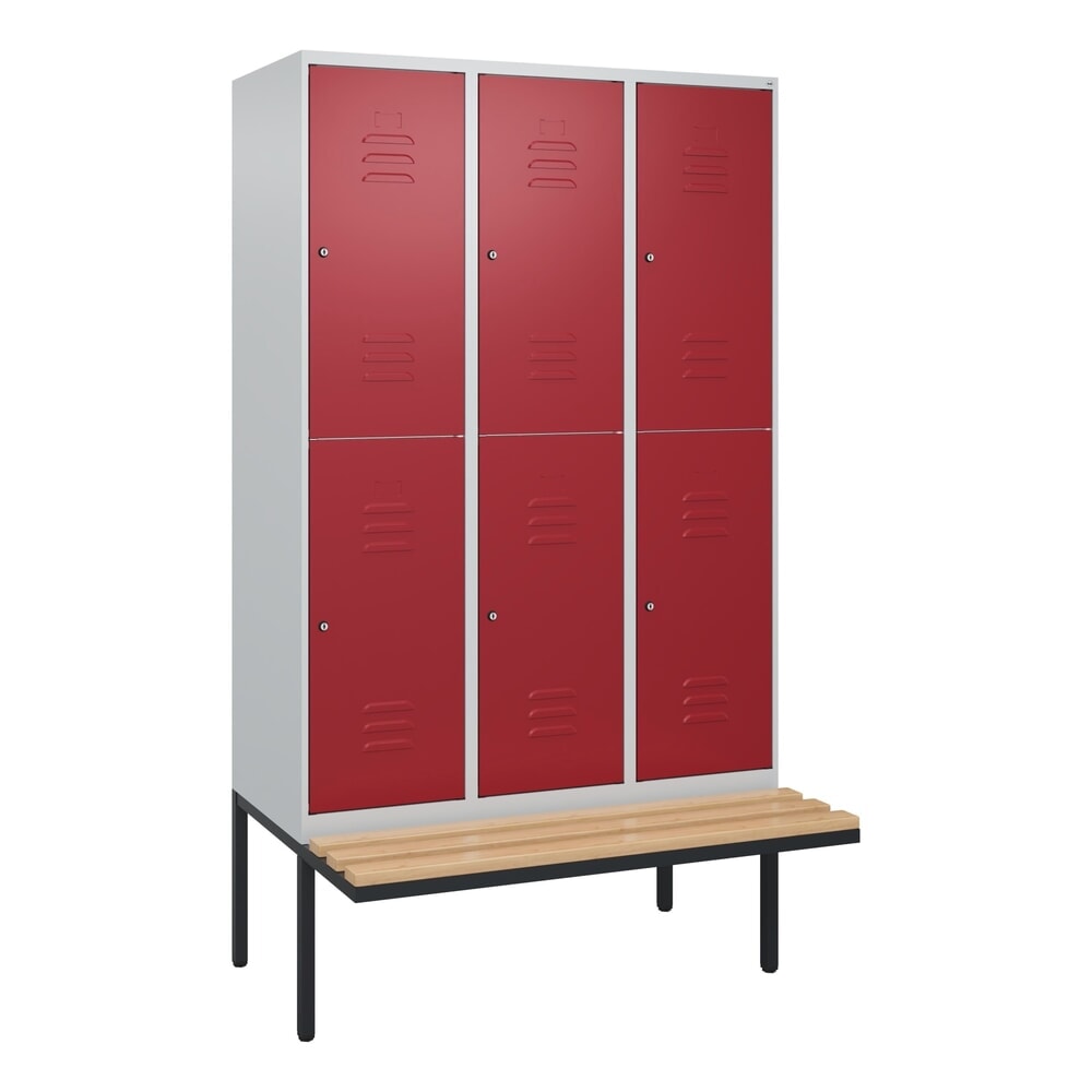Produktabbildung Nr. 9: C+P Doppelstock-Spind Classic PLUS, 3 Abteile, HxBxT 2.120 x 1.200 x 815 mm, Zylinderschloss, auskragende Bank aus Buche, lichtgrau, rubinrot