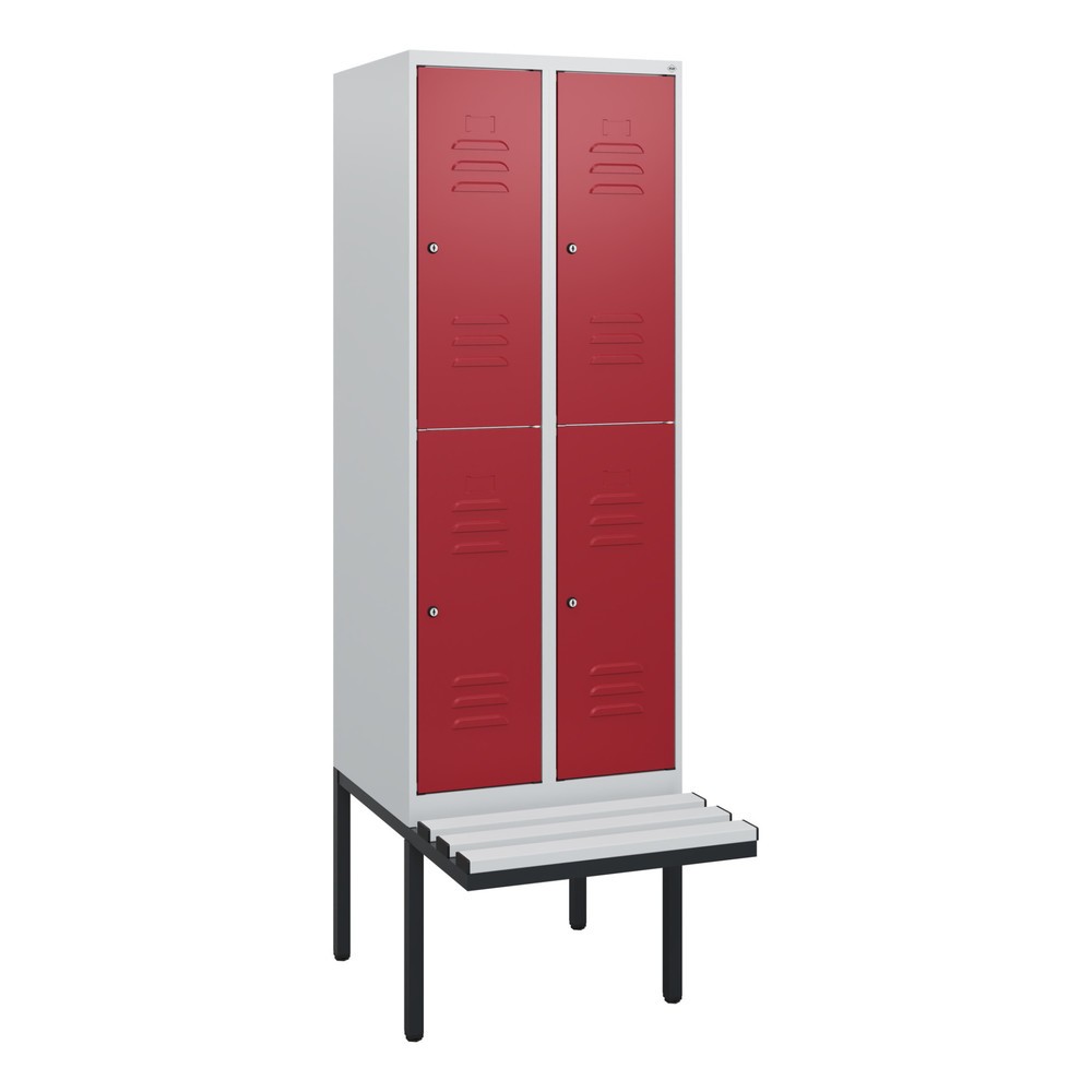 Produktabbildung: C+P Doppelstock-Spind Classic PLUS, 2 Abteile, HxBxT 1.950 x 600 x 815 mm, Zylinderschloss, auskragende Bank aus Kunststoff, lichtgrau, rubinrot