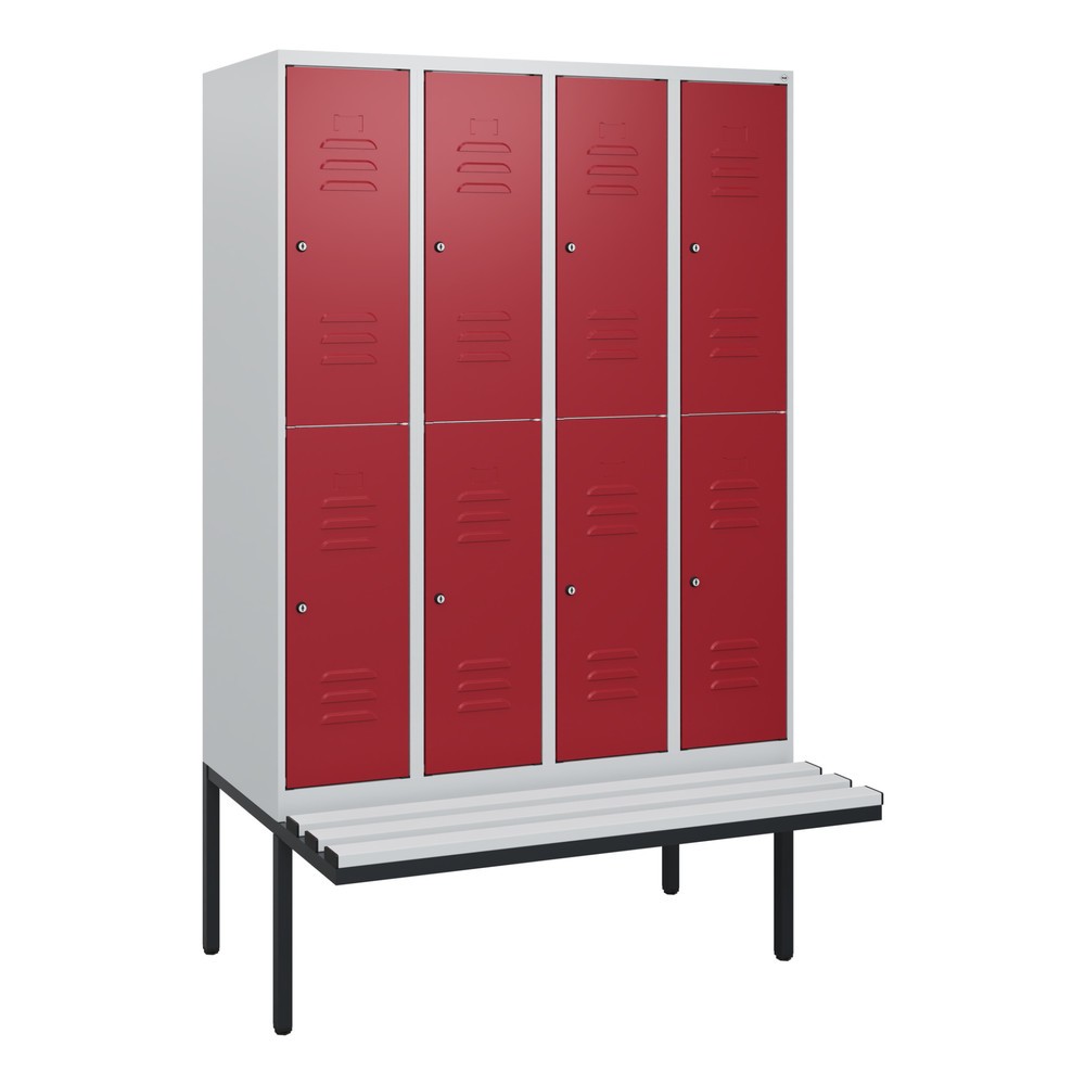 Produktabbildung: C+P Doppelstock-Spind Classic PLUS, 4 Abteile, HxBxT 1.950 x 1.200 x 815 mm, Zylinderschloss, auskragende Bank aus Kunststoff, lichtgrau, rubinrot