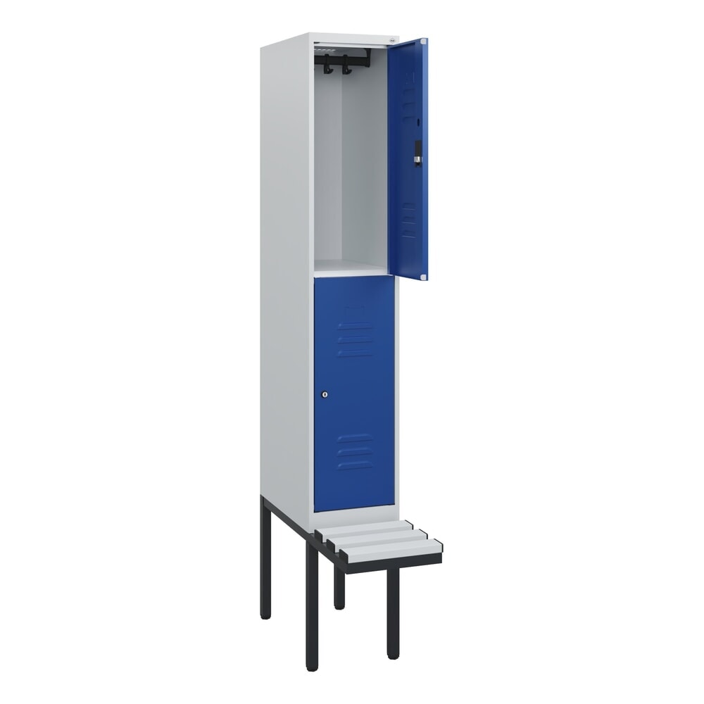 Produktabbildung: C+P Doppelstock-Spind Classic PLUS, 1 Abteil, HxBxT 1.950 x 300 x 815 mm, Zylinderschloss, auskragende Bank aus Kunststoff, lichtgrau, enzianblau