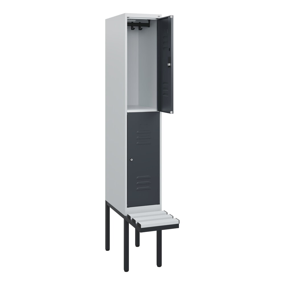 Produktabbildung: C+P Doppelstock-Spind Classic PLUS, 1 Abteil, HxBxT 1.950 x 300 x 815 mm, Zylinderschloss, auskragende Bank aus Kunststoff, lichtgrau, anthrazitgrau