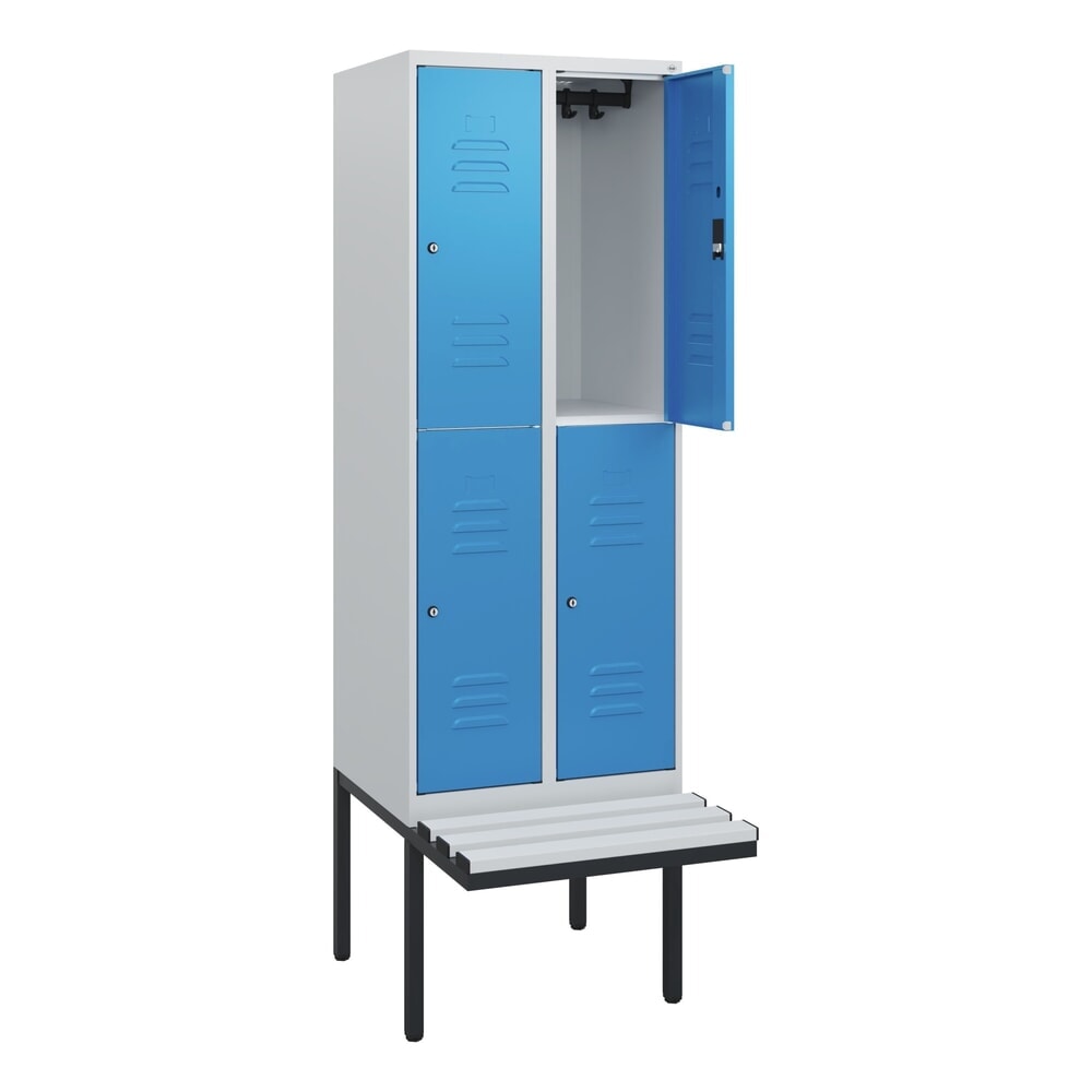 C+P Doppelstock-Spind Classic PLUS, 2 Abteile, HxBxT 1.950 x 600 x 815 mm, Zylinderschloss, auskragende Bank aus Kunststoff, lichtgrau, lichtblau Produktabbildung: C+P Doppelstock-Spind Classic PLUS, 2 Abteile, HxBxT 1.950 x 600 x 815 mm, Zylinderschloss, auskragende Bank aus Kunststoff, lichtgrau, lichtblau