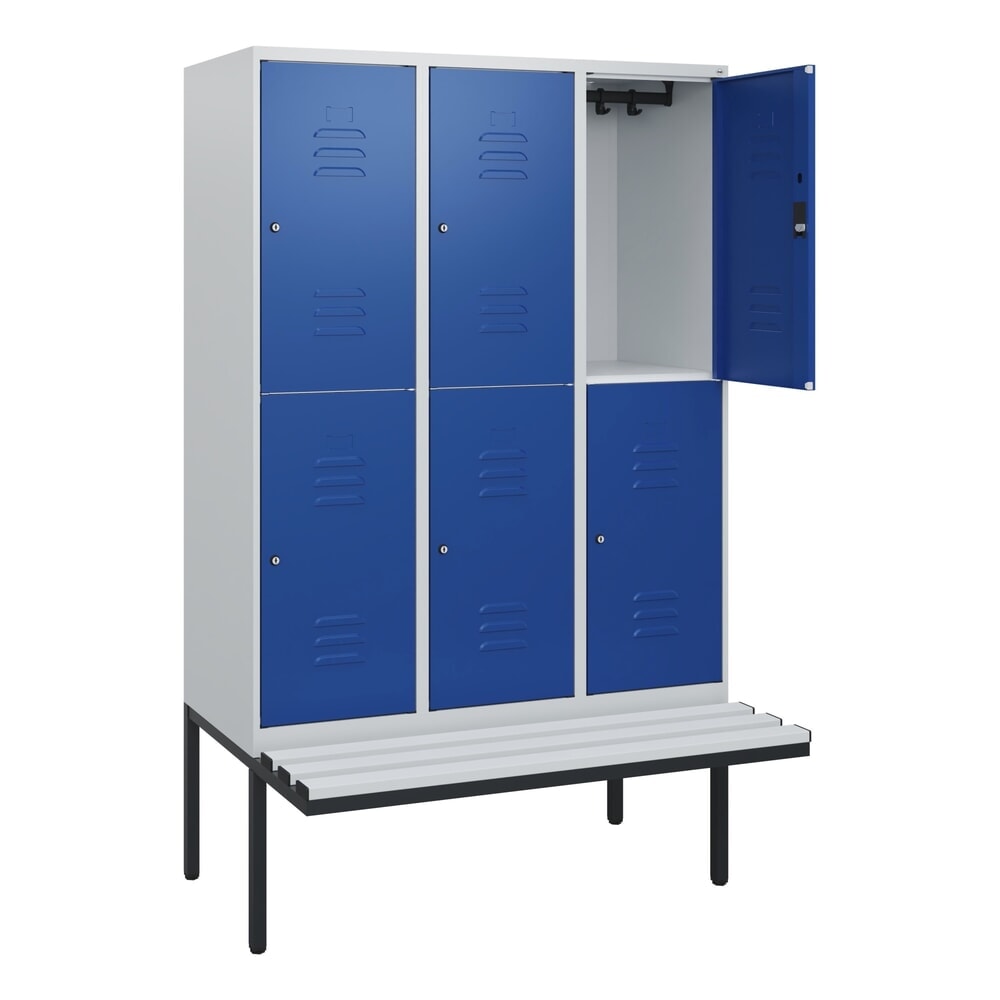 Produktabbildung: C+P Doppelstock-Spind Classic PLUS, 3 Abteile, HxBxT 1.950 x 1.200 x 815 mm, Zylinderschloss, auskragende Bank aus Kunststoff, lichtgrau, enzianblau