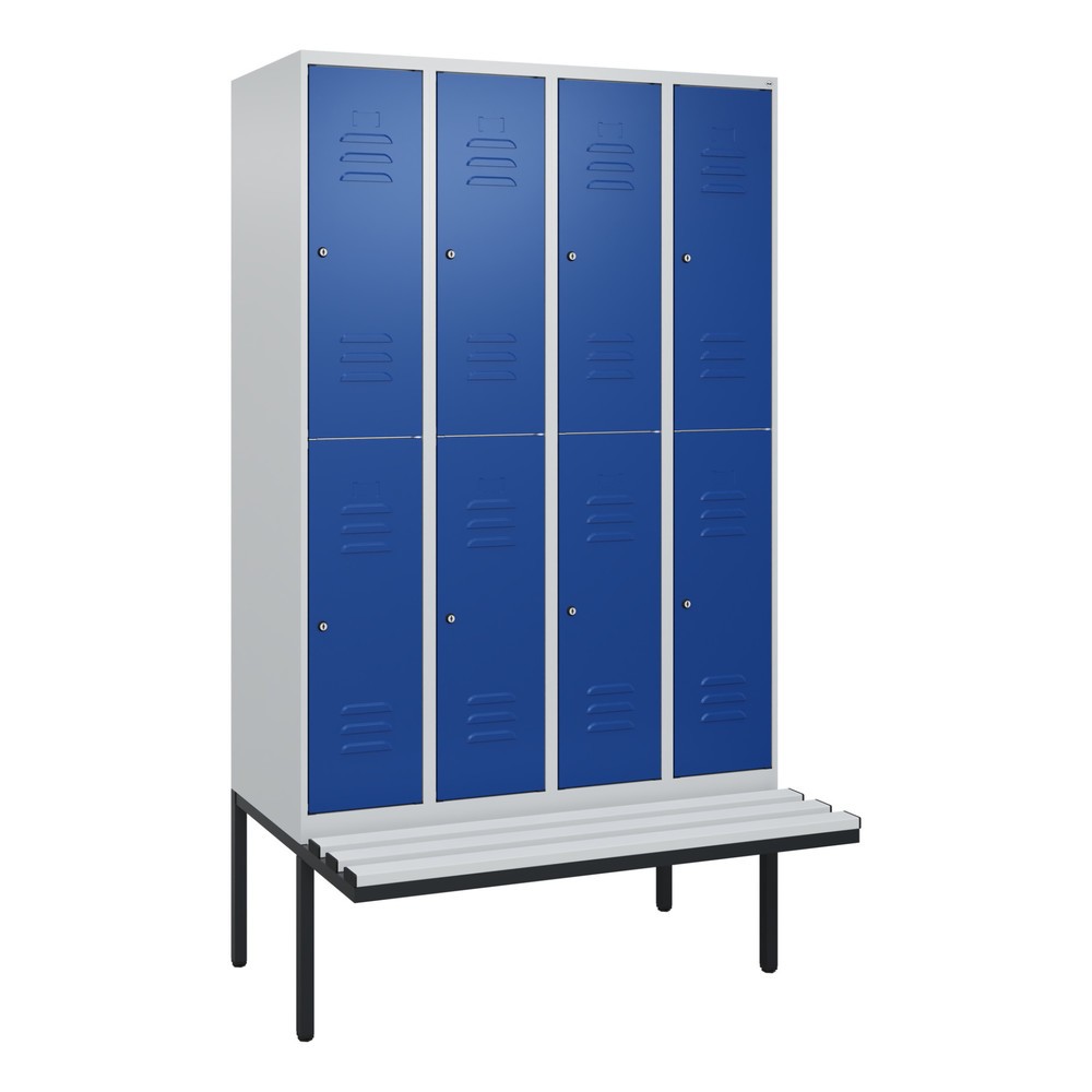Produktabbildung: C+P Doppelstock-Spind Classic PLUS, 4 Abteile, HxBxT 2.120 x 1.200 x 815 mm, Zylinderschloss, auskragende Bank aus Kunststoff, lichtgrau, enzianblau