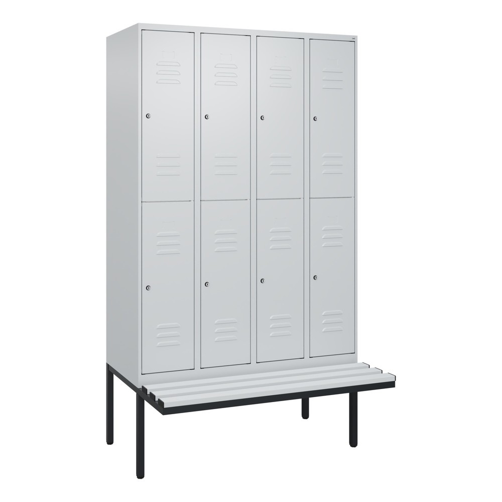 Produktabbildung: C+P Doppelstock-Spind Classic PLUS, 4 Abteile, HxBxT 2.120 x 1.200 x 815 mm, Zylinderschloss, auskragende Bank aus Kunststoff, lichtgrau, lichtgrau