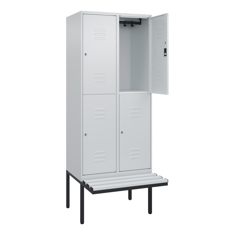 Produktabbildung: C+P Doppelstock-Spind Classic PLUS, 2 Abteile, HxBxT 2.120 x 800 x 815 mm, Zylinderschloss, auskragende Bank aus Kunststoff, lichtgrau, lichtgrau