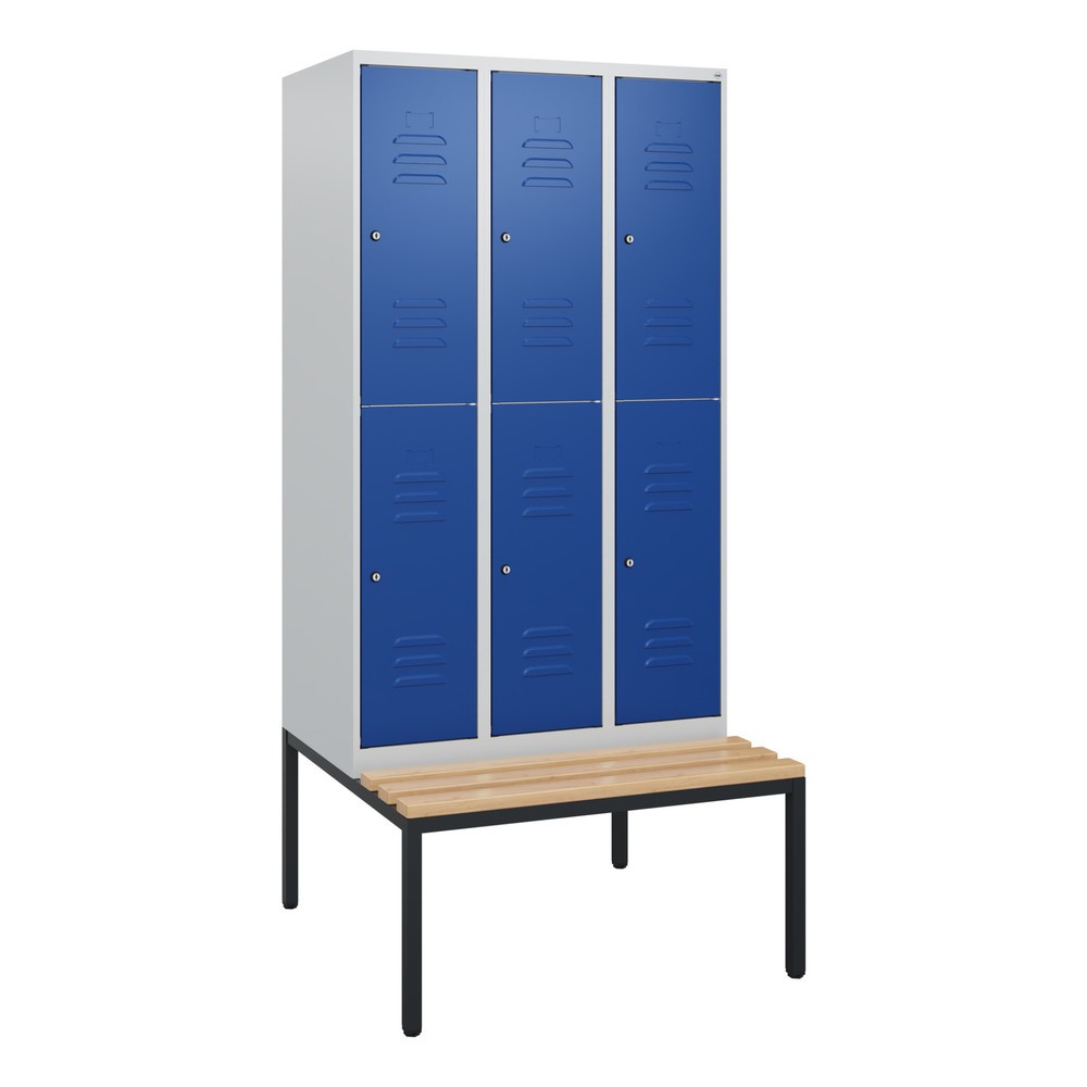 Produktabbildung: C+P Doppelstock-Spind Classic PLUS, 3 Abteile, HxBxT 1.950 x 900 x 815 mm, Zylinderschloss, untergebaute Bank aus Buche, lichtgrau, enzianblau
