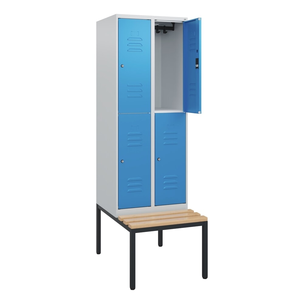 Produktabbildung: C+P Doppelstock-Spind Classic PLUS, 2 Abteile, HxBxT 1.950 x 600 x 815 mm, Zylinderschloss, untergebaute Bank aus Buche, lichtgrau, lichtblau