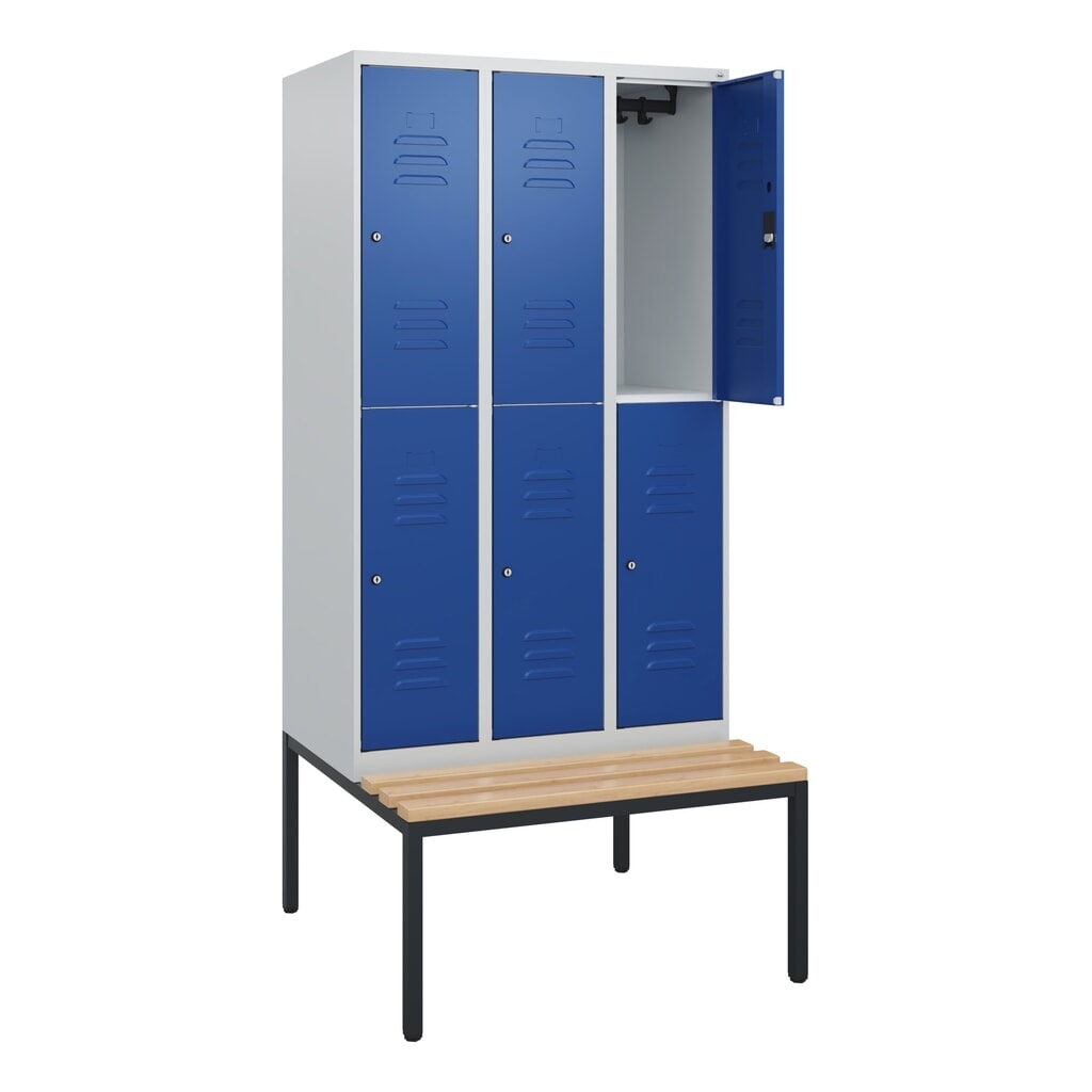 Produktabbildung: C+P Doppelstock-Spind Classic PLUS, 3 Abteile, HxBxT 1.950 x 900 x 815 mm, Zylinderschloss, untergebaute Bank aus Buche, lichtgrau, enzianblau