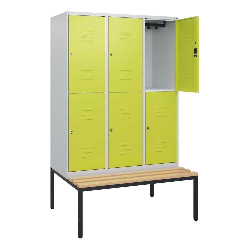 Produktabbildung: C+P Doppelstock-Spind Classic PLUS, 3 Abteile, HxBxT 1.950 x 1.200 x 815 mm, Zylinderschloss, untergebaute Bank aus Buche, lichtgrau, clowngrün