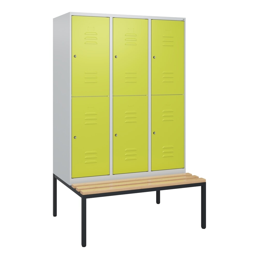 Produktabbildung Nr. 9: C+P Doppelstock-Spind Classic PLUS, 3 Abteile, HxBxT 1.950 x 1.200 x 815 mm, Zylinderschloss, untergebaute Bank aus Buche, lichtgrau, clowngrün