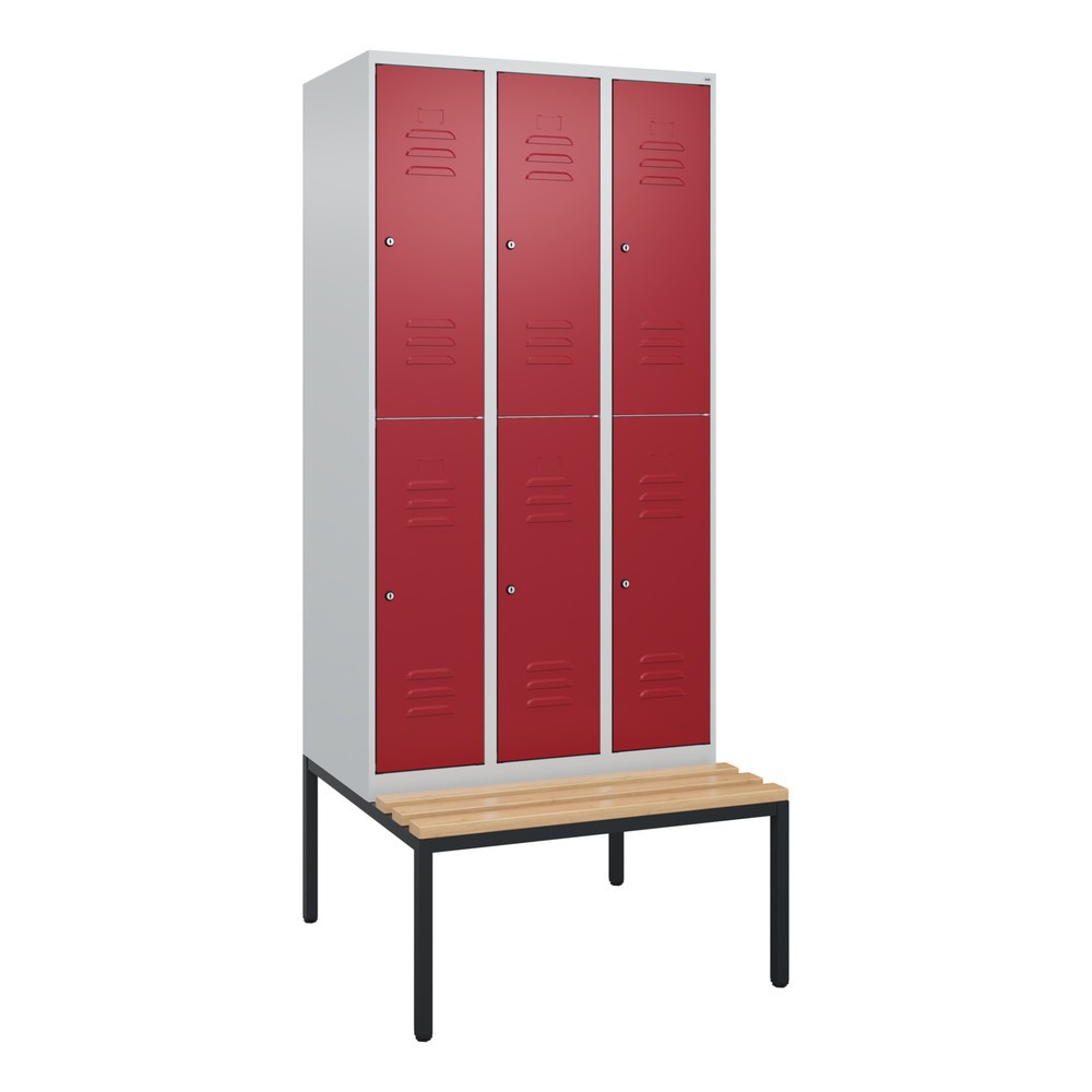Produktabbildung: C+P Doppelstock-Spind Classic PLUS, 3 Abteile, HxBxT 2.120 x 900 x 815 mm, Zylinderschloss, untergebaute Bank aus Buche, lichtgrau, rubinrot