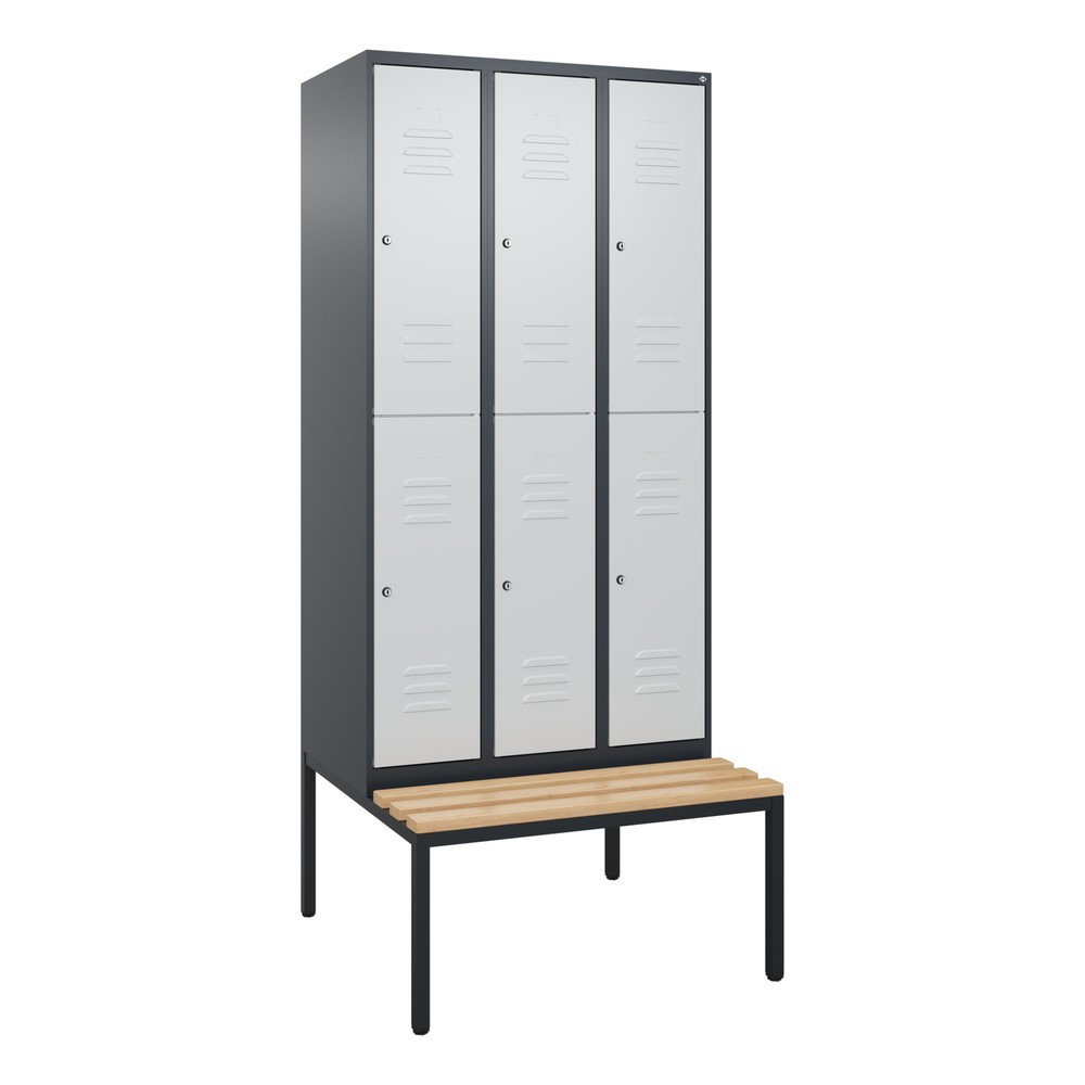 Produktabbildung: C+P Doppelstock-Spind Classic PLUS, 3 Abteile, HxBxT 2.120 x 900 x 815 mm, Zylinderschloss, untergebaute Bank aus Buche, anthrazitgrau, lichtgrau